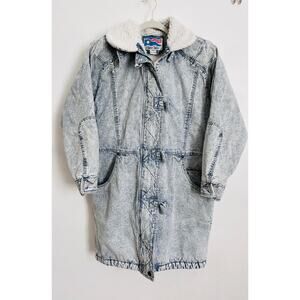 Vintage 80s Flying Colors Acid Wash Denim Sherpa Lined Hooded Toggle Coat S